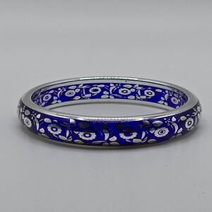 Silver and Blue Bangle Bracelet Floral Design Boho Statement‎ Jewelry
